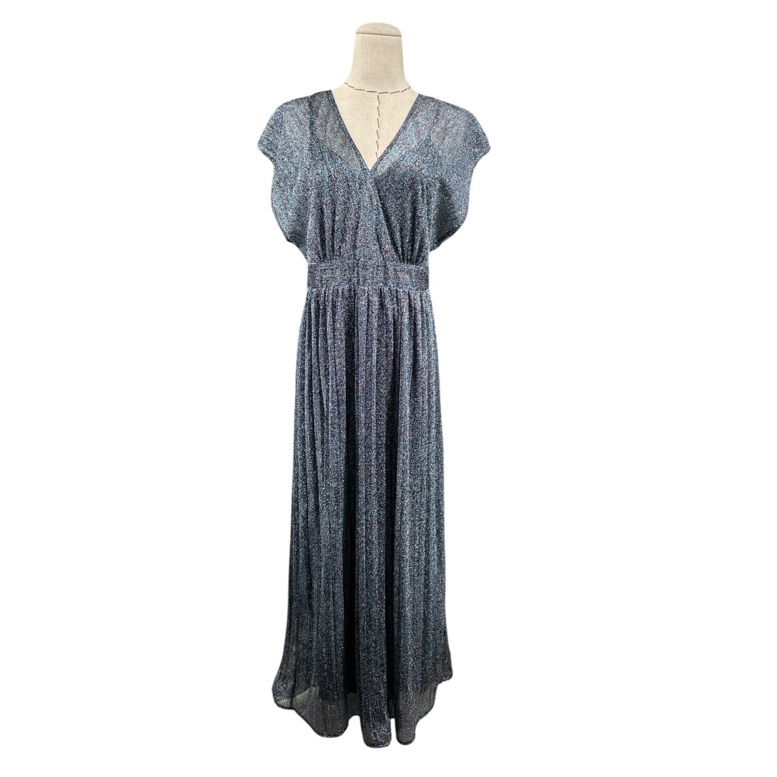 Moulinette Soeurs Gray Short Sleeve V Neck Shimmery Fabric Maxi Dress Us 6